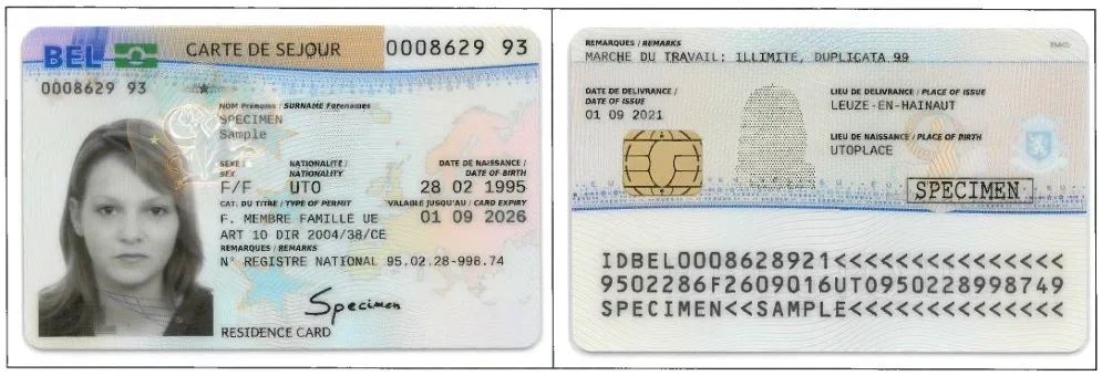 Wzór karty pobytu F dla członka rodziny obywatela UE (art. 10) – przód i tył, egzemplarz SPECIMEN